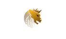 Gold lion head logo with a crown on a white background